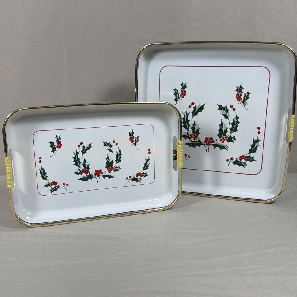 Vintage Christmas Holly Berry Serving Trays Set of 2 Yellow Handles